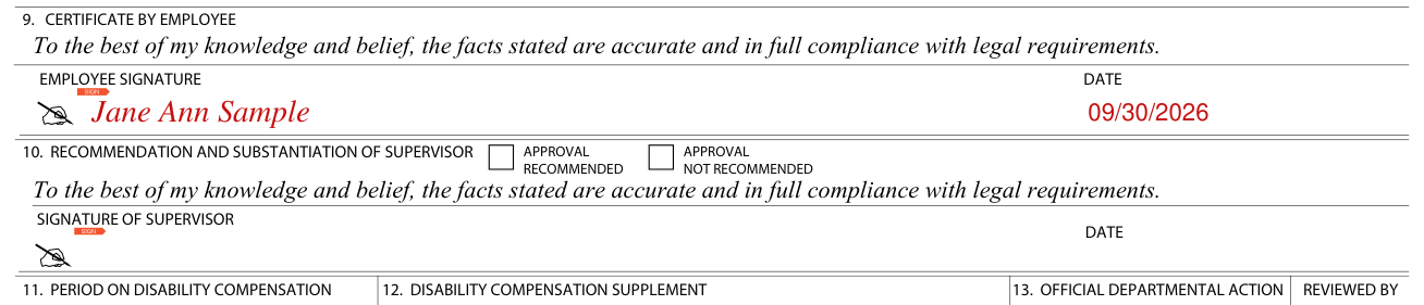 Form STD. 634 example filled out, boxes 9 and 10, certificate and signatures