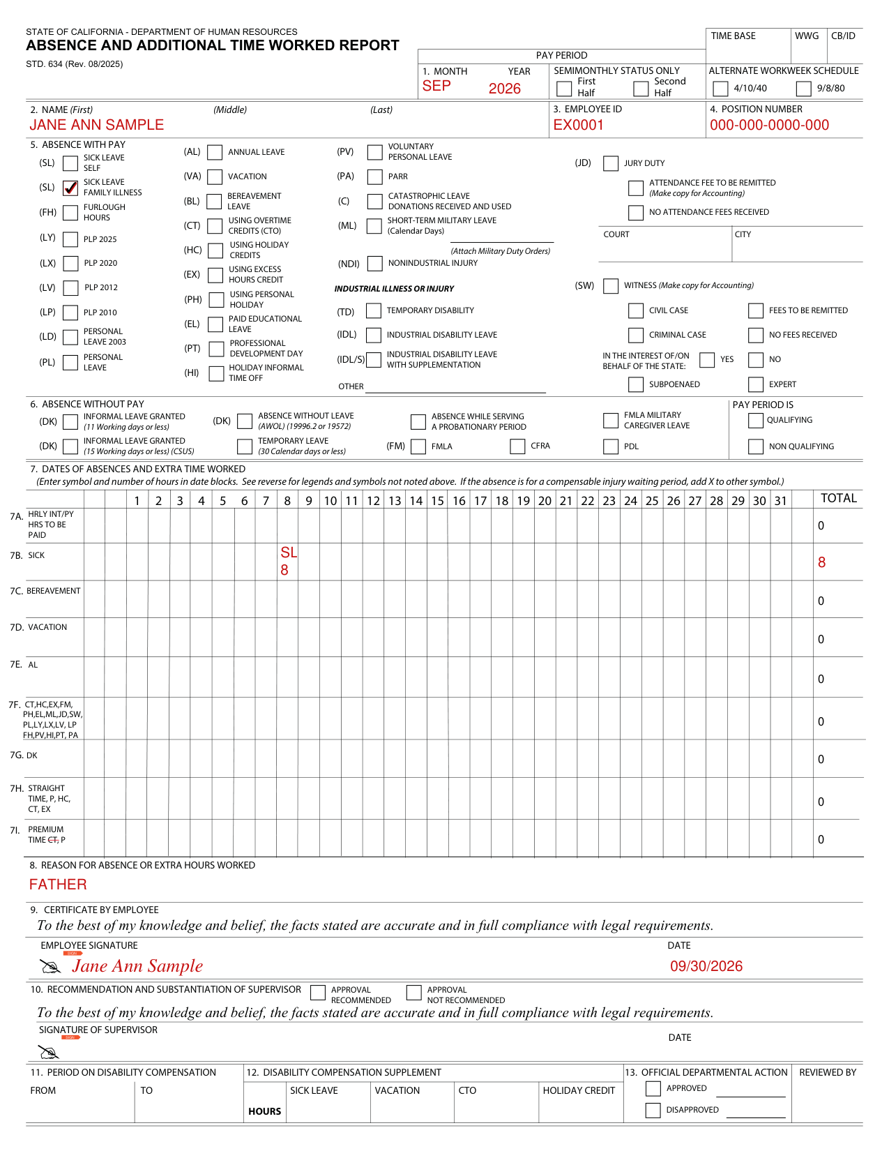 Form STD. 634 example filled out, example: one sick day for a father's illness