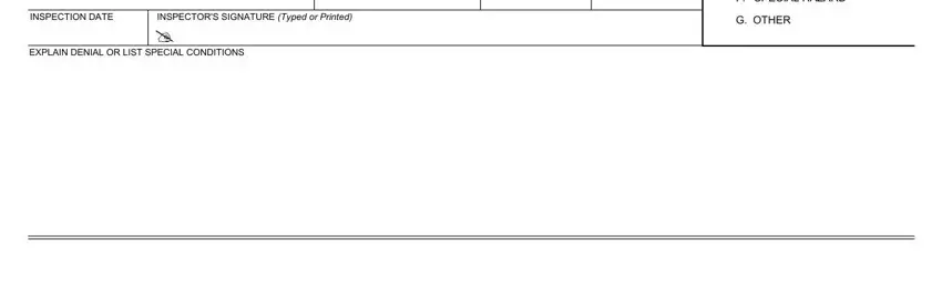 ca std form 850 INSPECTION DATE, INSPECTORS SIGNATURE Typed or, EXPLAIN DENIAL OR LIST SPECIAL, F SPECIAL HAZARD, and G OTHER blanks to insert