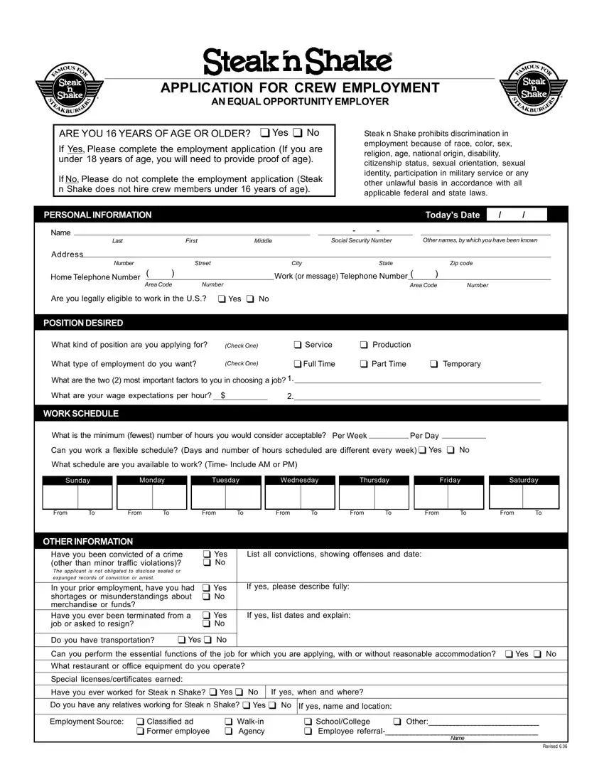 Steak And Shake Application first page preview