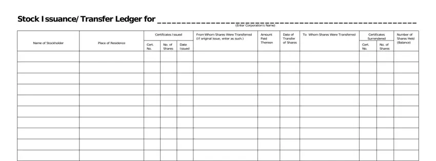 stock transfer ledger empty fields to fill out