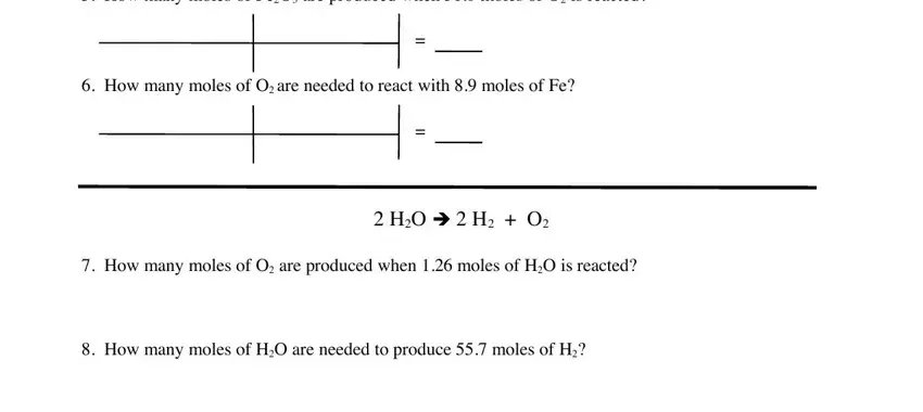 CzHsOH How many moles of FeO are, How many moles of O are needed to, HO è  H  O, How many moles of O are produced, and How many moles of HO are needed fields to fill out