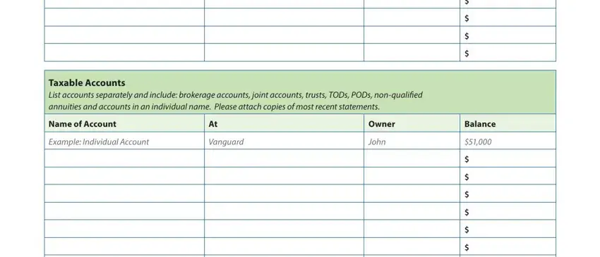 writable Taxable Accounts List accounts, Name of Account, Example Individual Account, Vanguard, Owner, John, and Balance blanks to insert