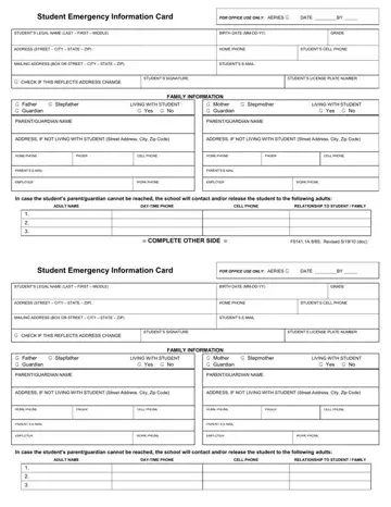 Student Emergency Information Card Form Preview