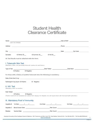 Student Health Clearance Certificate Form Preview