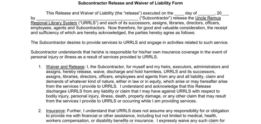example of fields in subcontractor waiver liability form