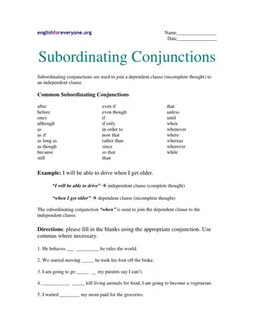 Subordinating Conjunctions Form Preview