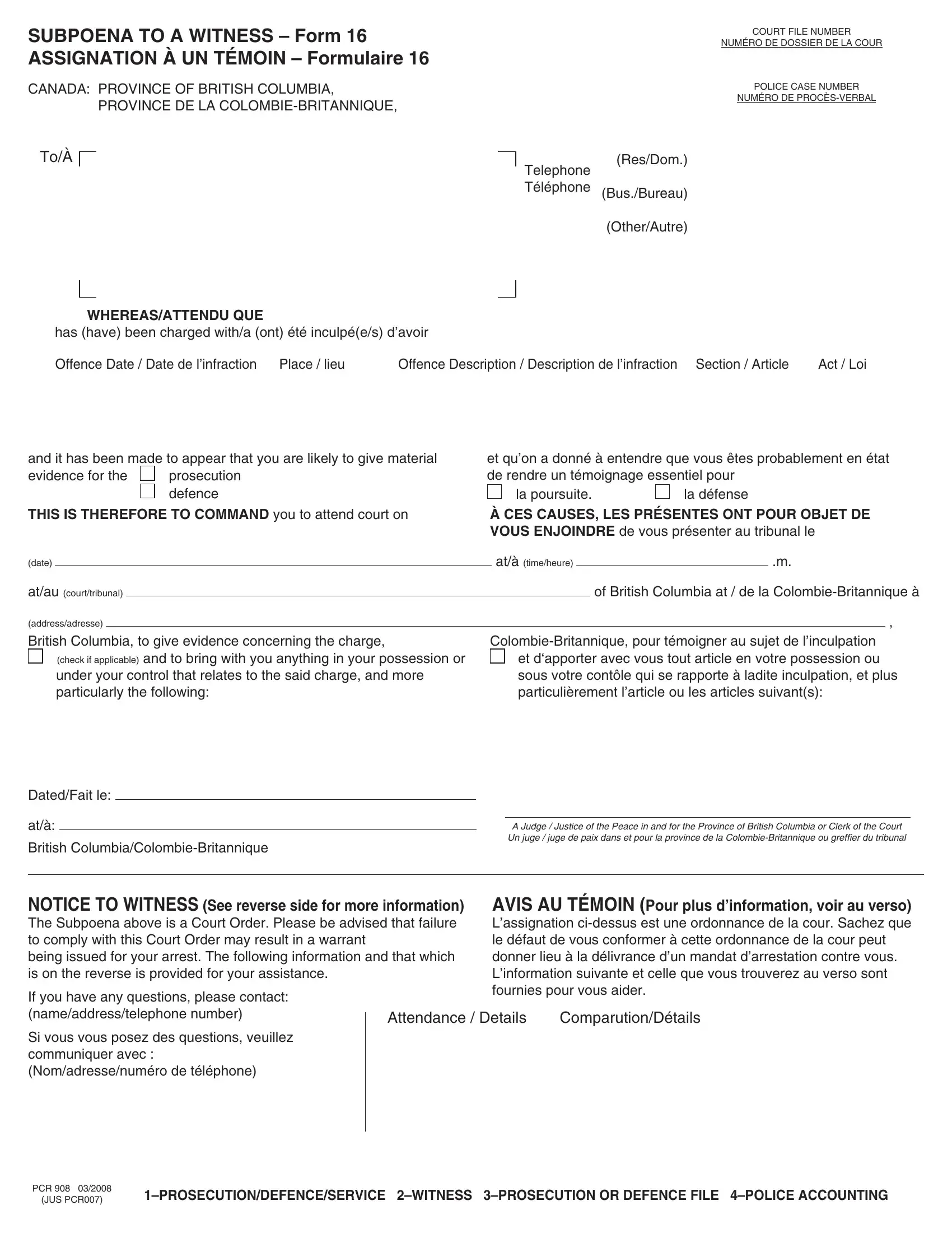 Subpoena Witness Form 16 ≡ Fill Out Printable Pdf Forms Online