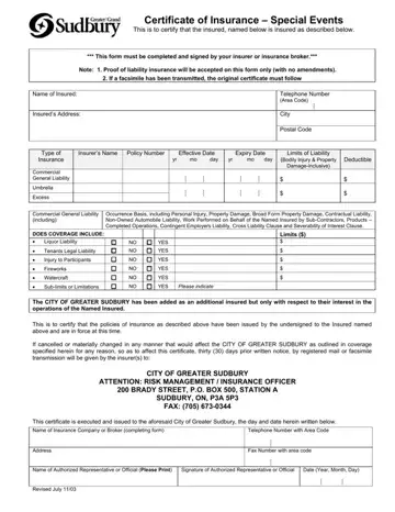 Sudbury Certificate Of Insurance Form Preview