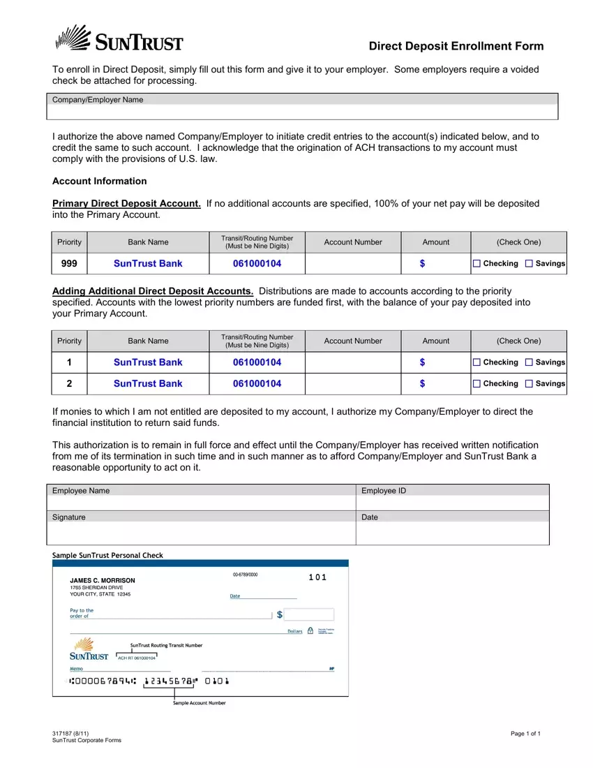 Suntrust Direct Deposit Form first page preview
