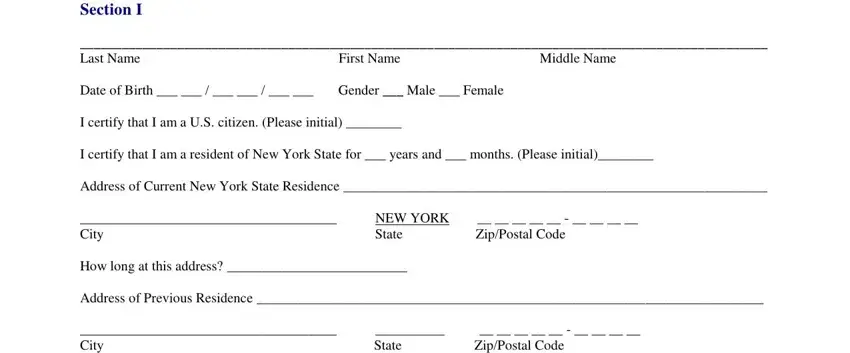 E-Mail Section I, Last Name First Name Middle Name, Date of Birth         Gender  Male, I certify that I am a US citizen, I certify that I am a resident of, Address of Current New York State, NEW YORK           City State, How long at this address, Address of Previous Residence, and City State ZipPostal blanks to fill
