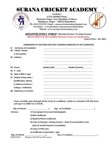 Surana Cricket Academy Fees Form Preview