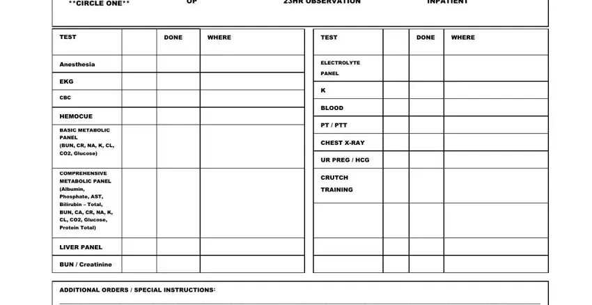 surgery scheduling pre CIRCLE ONE, HR OBSERVATION, INPATIENT, TEST, DONE, WHERE, TEST, DONE, WHERE, Anesthesia, EKG, CBC, HEMOCUE, BASIC METABOLIC, and PANEL fields to insert