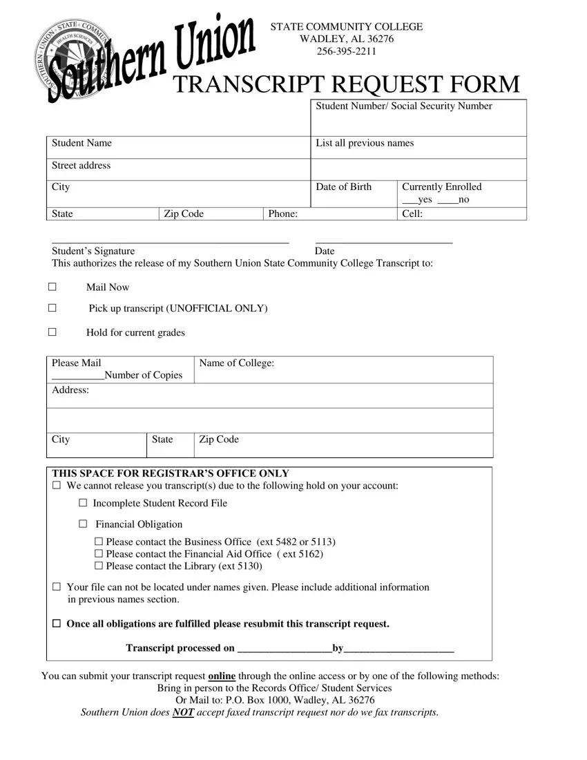 Suscc Transcript Request Form first page preview