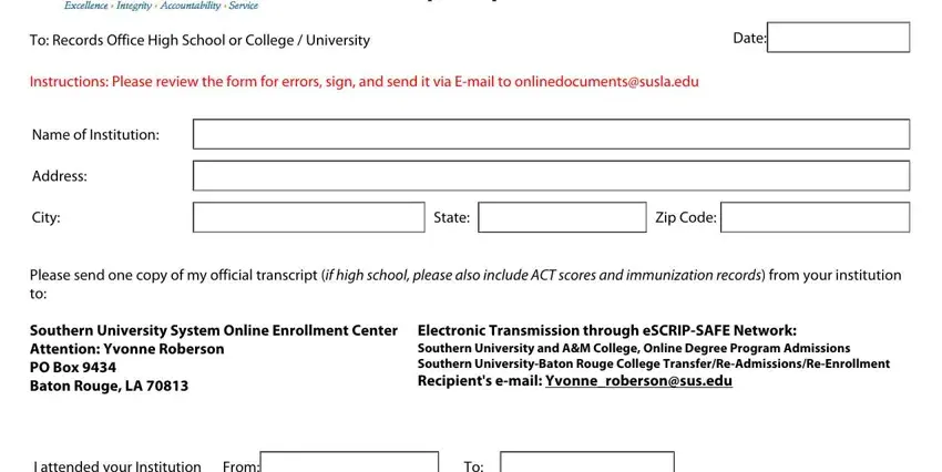 transcript request form from southern university shreveport empty fields to complete