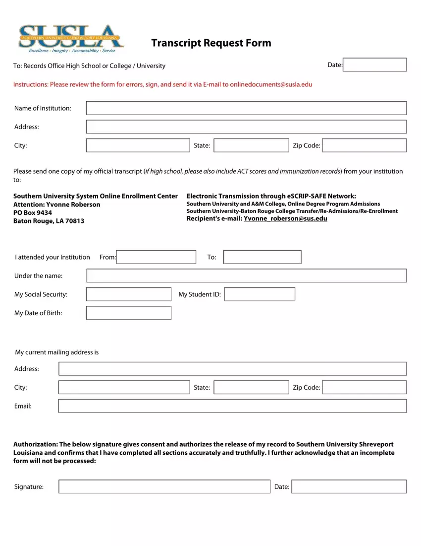 Susla Transcript Request Form first page preview