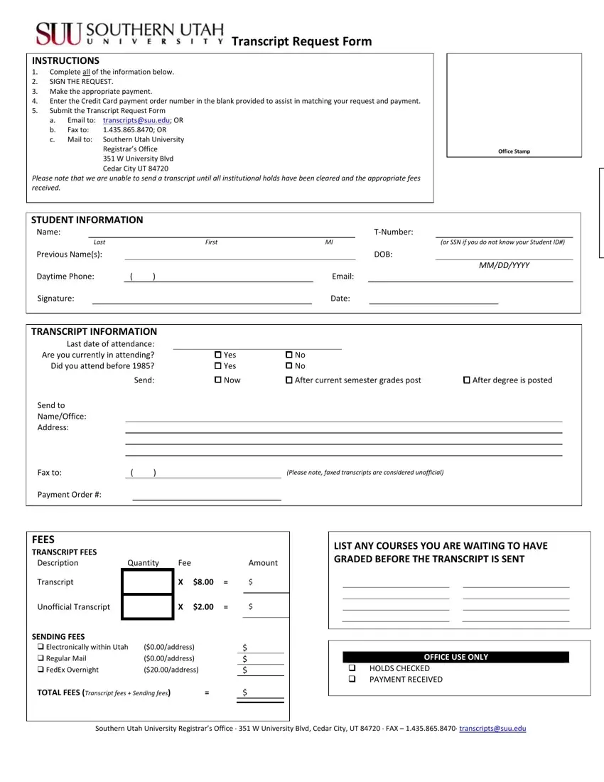 Suu Transcript Request Form first page preview
