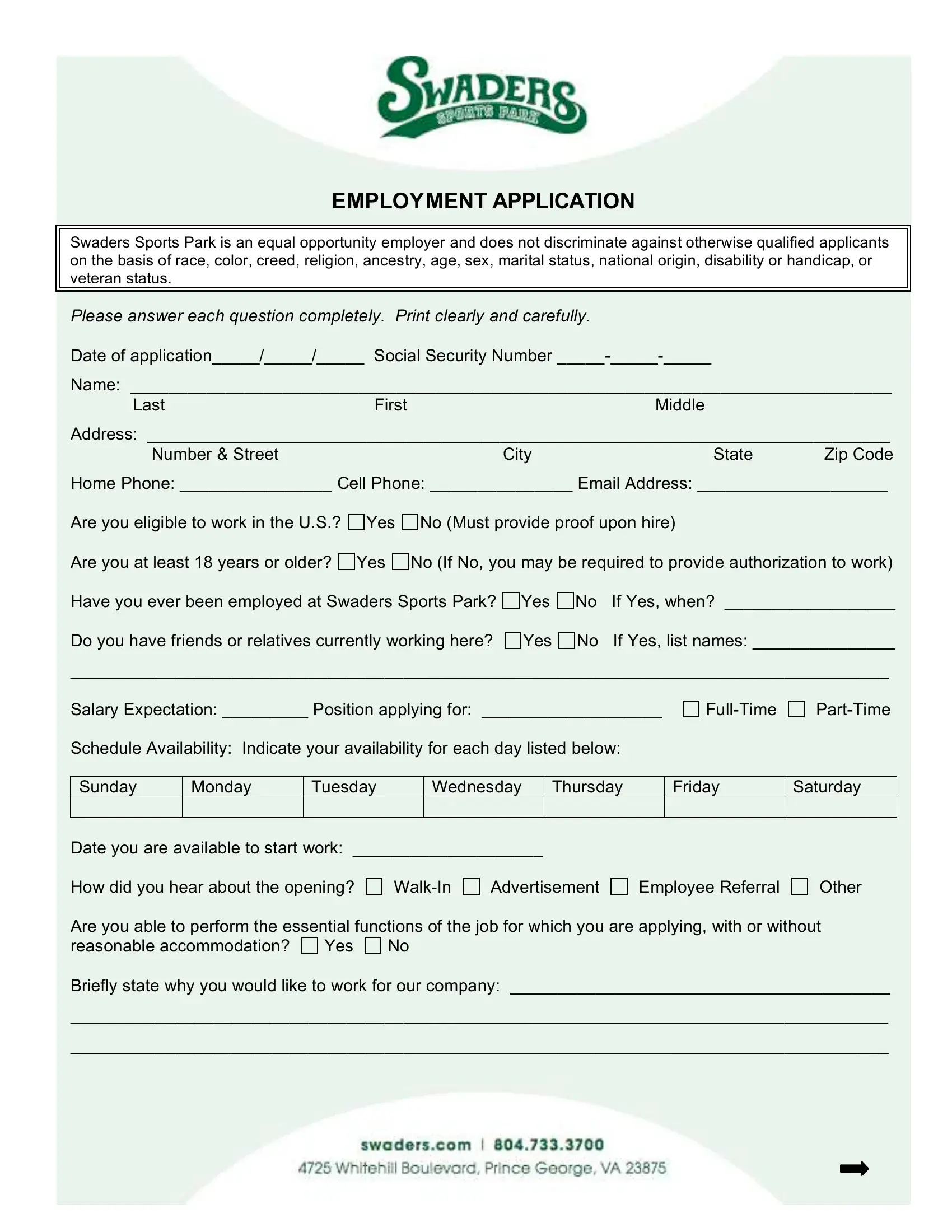 Swaders Job Application Form Preview
