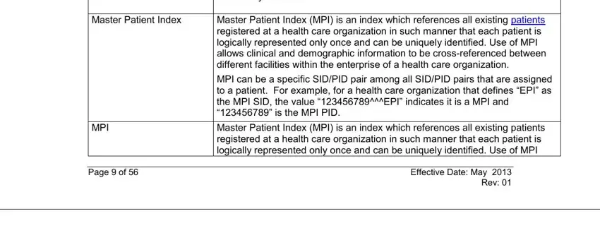DataType Mandatory for sDIS, Master Patient Index MPI is an, Master Patient Index MPI is an, Effective Date May  Rev, Master Patient Index, MPI, and Page  of fields to complete