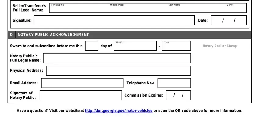 georgia t11 BVEHICLEINFORMATION, VehicleIdentificationNoVIN, Year, CCERTIFICATION, Make, Model, SellerTransferorsFullLegalName, FirstName, Signature, DNOTARYPUBLICACKNOWLEDGMENT, MiddleInitial, LastName, Suffix, Date, and Month blanks to fill out