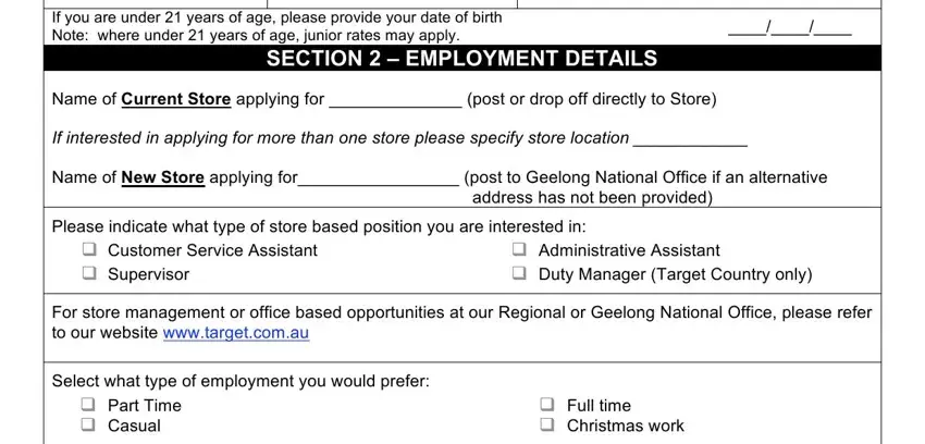 target recruitment application form SECTIONEMPLOYMENTDETAILS, addresshasnotbeenprovided, CustomerServiceAssistantSupervisor, PartTimeCasual, and FulltimeChristmaswork fields to complete