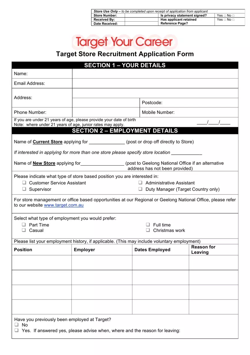 Target Application Form first page preview
