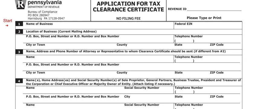 portion of spaces in application for tax clearance certificate pa