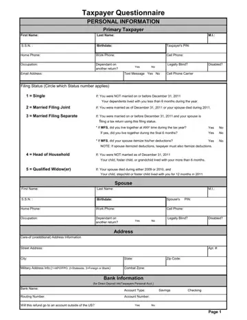 Taxpayer Questionnaire Form Preview