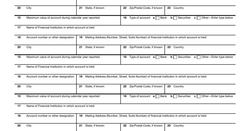 City, State if known, ZipPostal Code if known, Country, Maximum value of account during, Type of account a, Bank b, Securities c, OtherEnter type below, Name of Financial Institution in, Account number or other designation, Mailing Address Number Street, City, State if known, and ZipPostal Code if known in fbar extension form