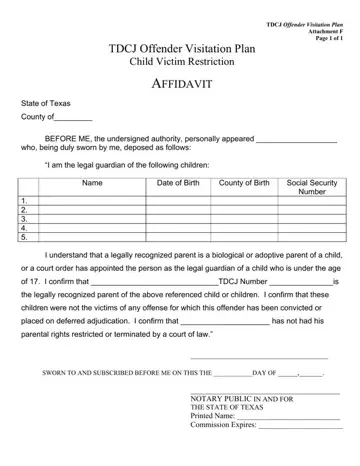TDCJ Offender Visitation Plan Form Preview
