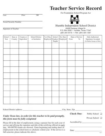 Teacher Service Record Sample Form Preview
