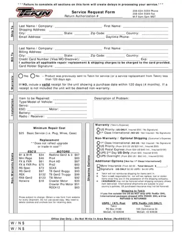 Tekin Service Request Form Preview