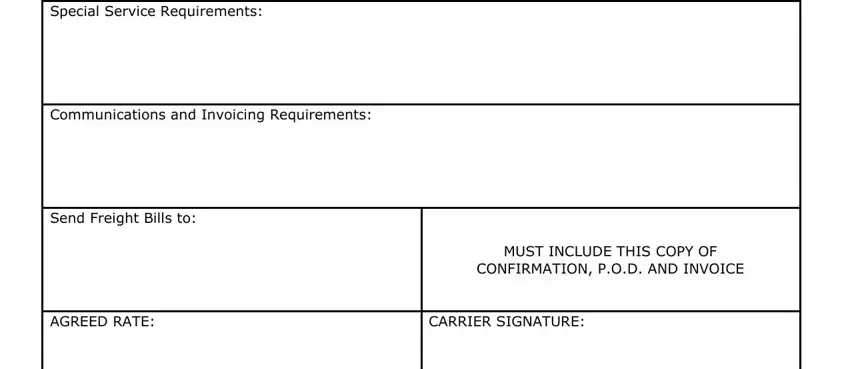 printable service dog cards Special Service Requirements, Communications and Invoicing, Send Freight Bills to, AGREED RATE, CARRIER SIGNATURE, and MUST INCLUDE THIS COPY OF blanks to fill out