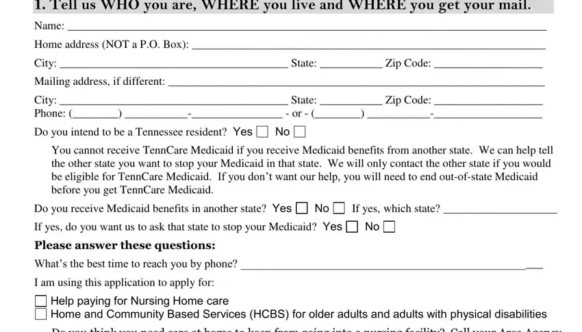 Tell us WHO you are WHERE you, Home address NOT a PO Box, City  State  Zip Code, Mailing address if different, City  State  Zip Code  Phone    or, Do you intend to be a Tennessee, You cannot receive TennCare, Do you receive Medicaid benefits, If yes which state, If yes do you want us to ask that, Please answer these questions, Whats the best time to reach you, Help paying for Nursing Home care, and Do you think you need care at home in tenncare application printable