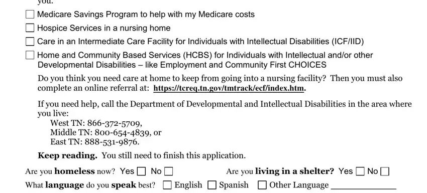 tenncare application printable Do you think you need care at home, Medicare Savings Program to help, Hospice Services in a nursing home, Care in an Intermediate Care, Home and Community Based Services, If you need help call the, Keep reading You still need to, Are you homeless now Yes, Are you living in a shelter Yes, What language do you speak best, English, Spanish, and Other Language blanks to fill
