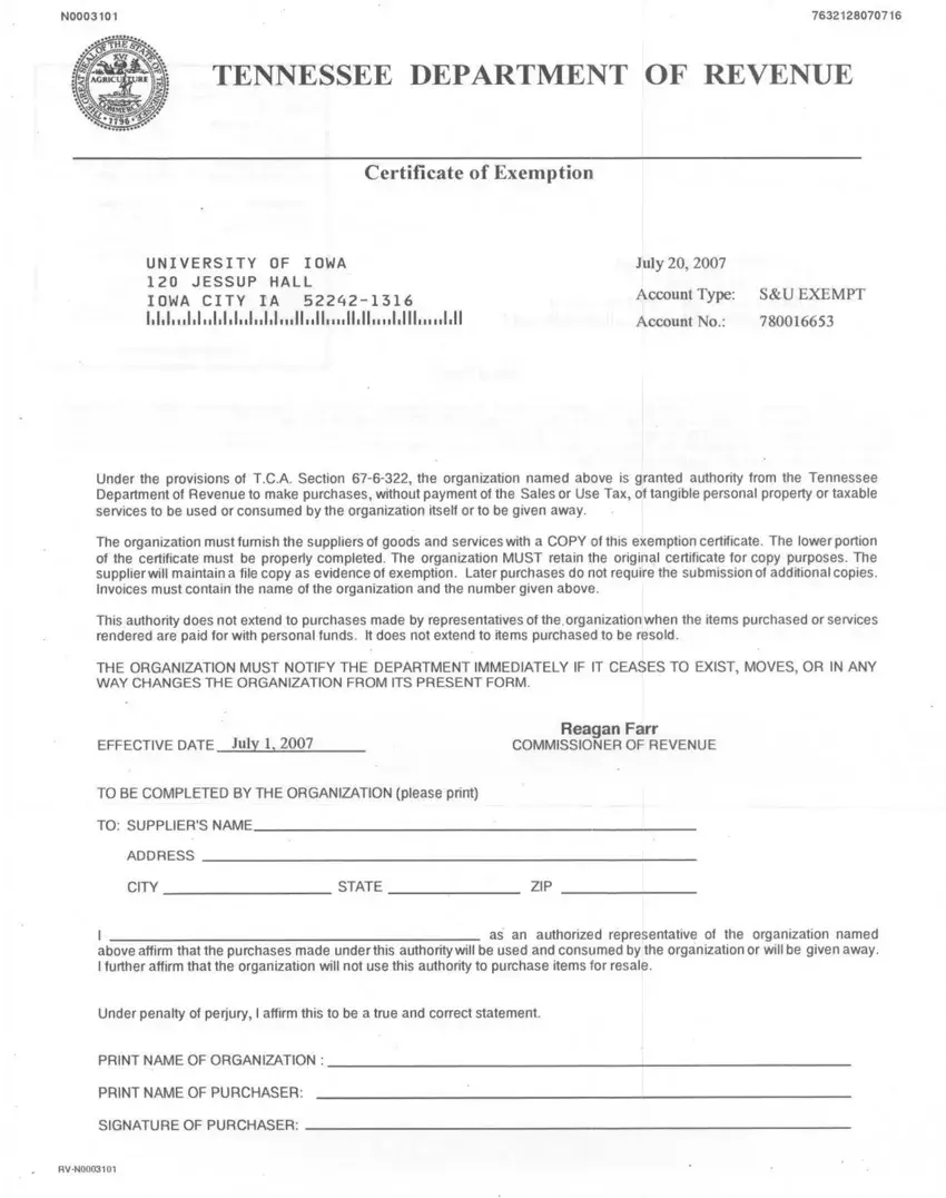 Tennessee Exemption Certificate first page preview