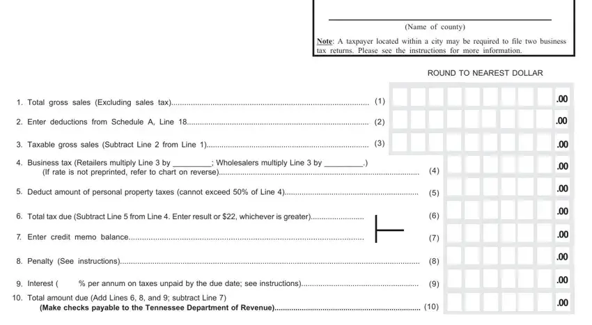 Name of county, Note A taxpayer located within a, ROUND TO NEAREST DOLLAR, Total gross sales Excluding sales, Enter deductions from Schedule A, Taxable gross sales Subtract Line, Business tax Retailers multiply, Deduct amount of personal property, Total tax due Subtract Line  from, Enter credit memo balance, Penalty See instructions, Interest   per annum on taxes, and Total amount due Add Lines   and in how to tn form business tax