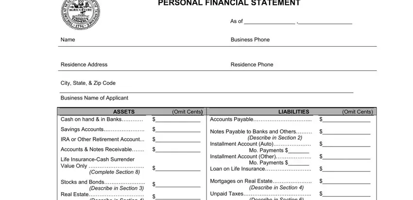 tnucp PERSONAL FINANCIAL STATEMENT, As of, Name, Business Phone, Residence Address, Residence Phone, City State  Zip Code, Business Name of Applicant, Cash on hand  in Banks, ASSETS Omit Cents, Savings Accounts, IRA or Other Retirement Account, Accounts  Notes Receivable, Life InsuranceCash Surrender Value, and Stocks and Bonds Describe in blanks to fill