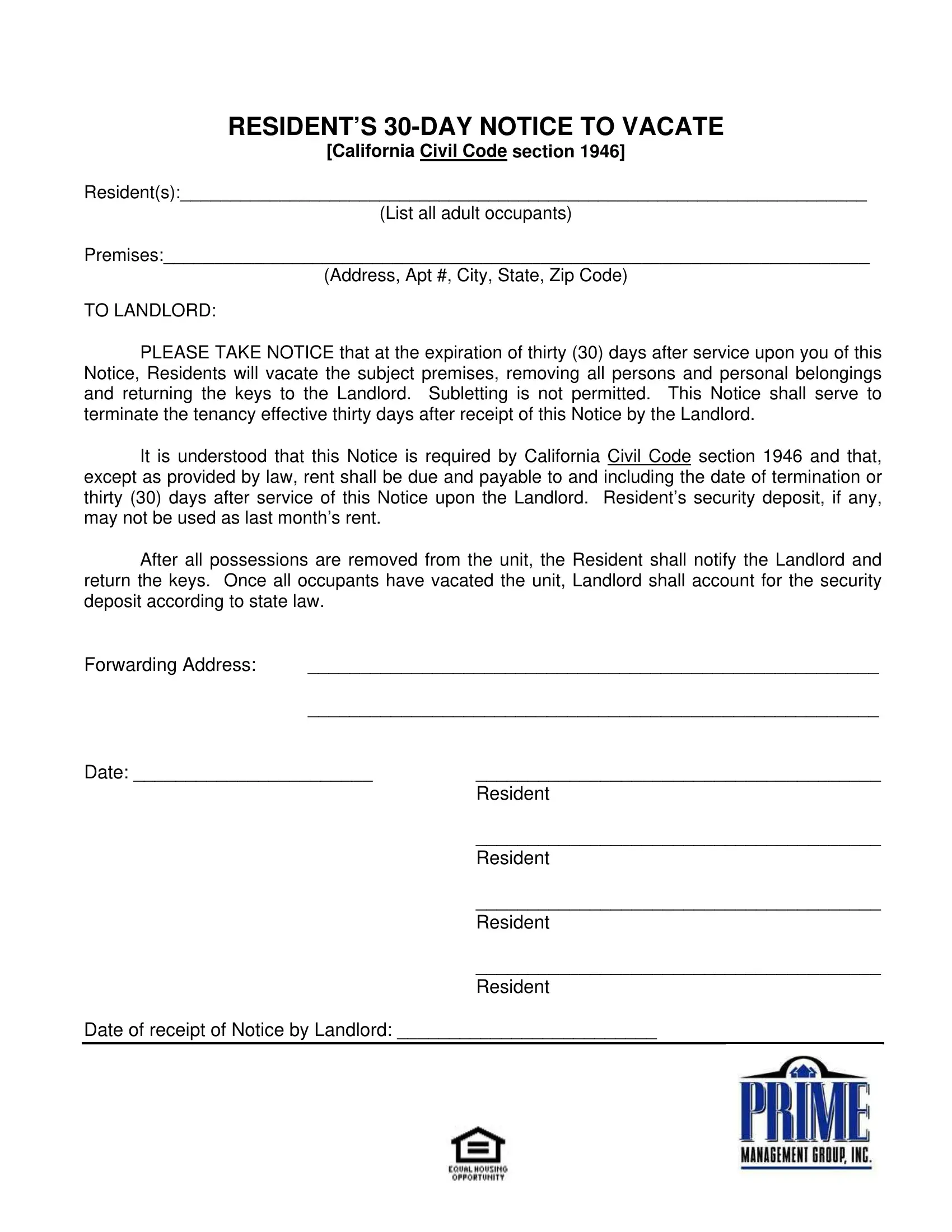 Free Notice Of Intent To Vacate Template