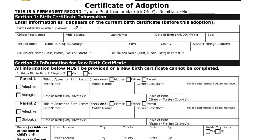 texas stepparent adoption forms CertificateofAdoption, BirthCertificateNumberifknown, ChildsFirstName, MiddleName, LastName, DateofBirthMMDDYYYY, Sex, TimeofBirth, NameofHospitalFacility, City, County, StateorForeignCountry, IsthisaSingleParentAdoptionYesNo, Parent, and Adoptive blanks to fill