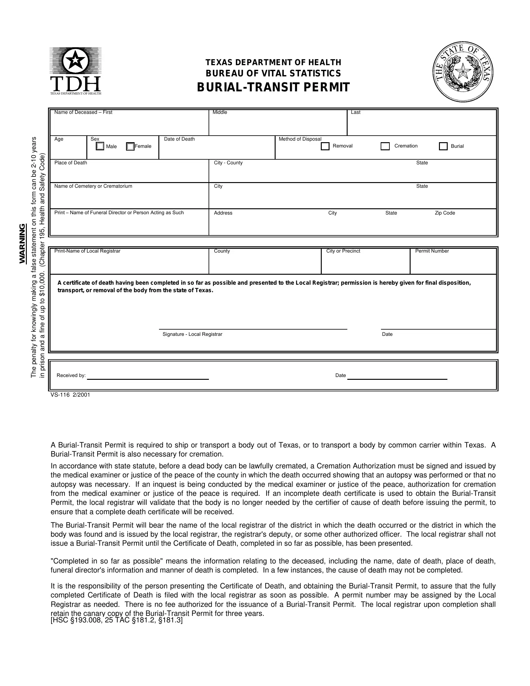 Texas Burial Transit Permit PDF Form FormsPal