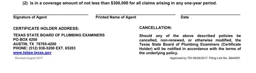 Entering details in texas coi plumbing examiners stage 2