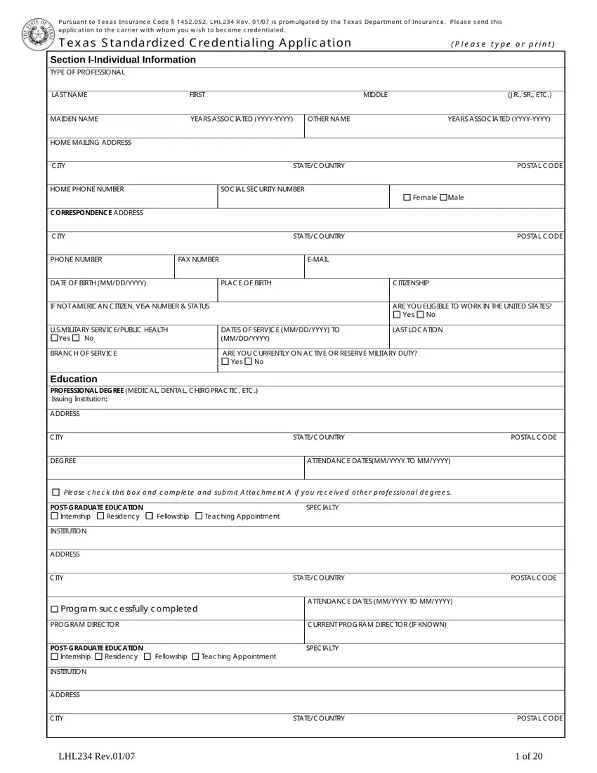 Texas Credentialing Application first page preview