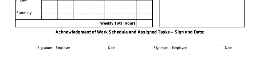 texas department of aging and desability forms Friday, Saturday, Weekly Total Hours, Acknowledgment of Work Schedule, Signature  Employer, Date, Signature  Employee, and Date fields to fill