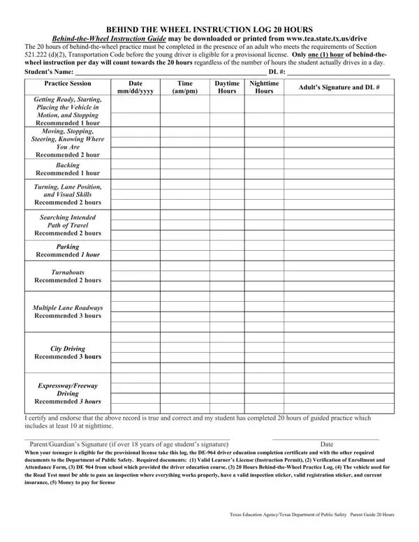 Texas Dps Driving Log first page preview