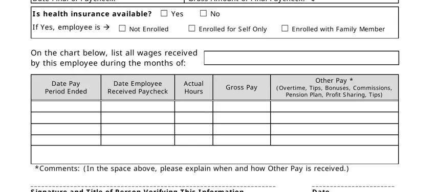 GrossAmountofFinalPaycheck, EnrolledwithFamilyMember, DatePay, PeriodEnded, DateEmployee, ReceivedPaycheck, ActualHours, GrossPay, OtherPay, OvertimeTipsBonusesCommissions, PensionPlanProfitSharingTips, and Date in employment verification form pdf