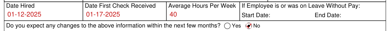 Form H1028 example filled out, date Hired and Leave Without Pay