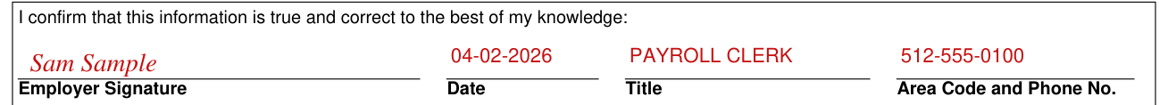 Form H1028 example filled out, employer - Read, Sign and Date