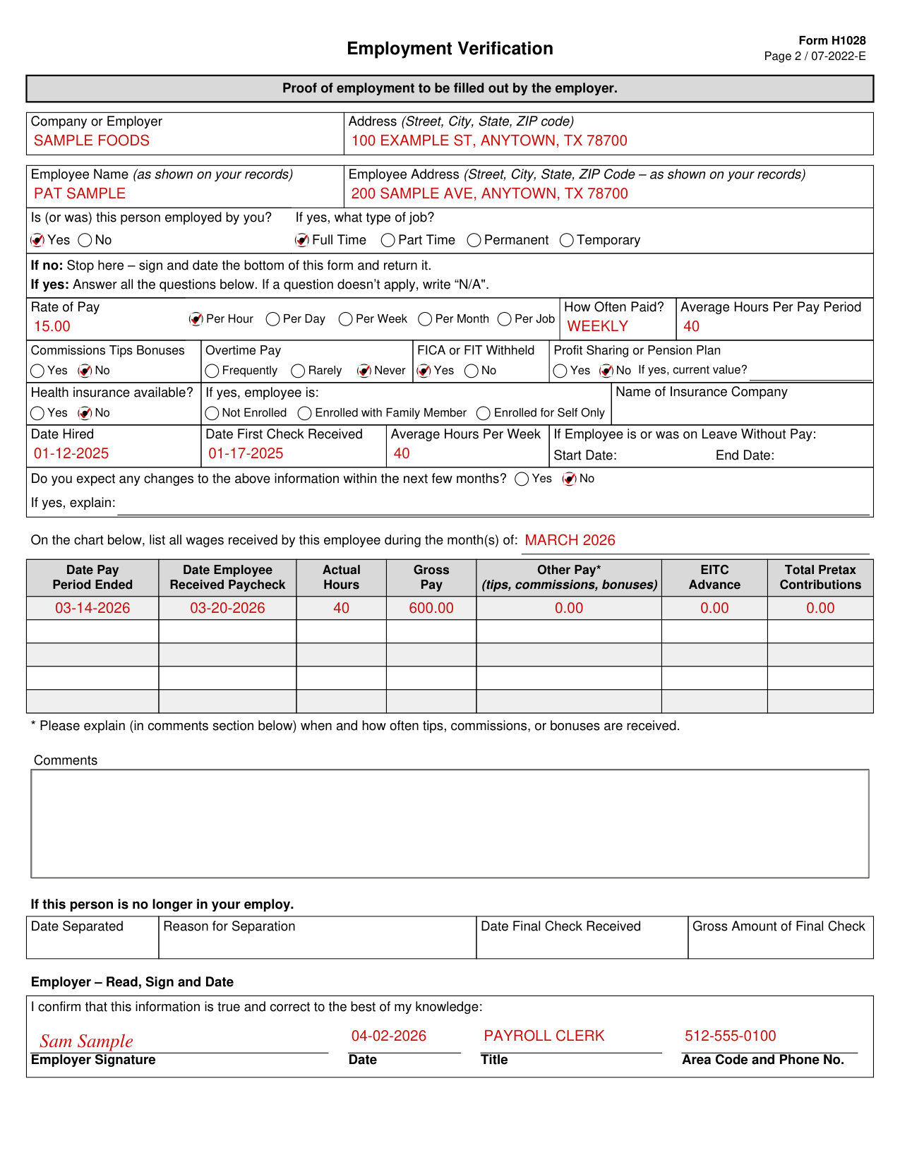 Form H1028 example filled out, example: an employer verifies a job
