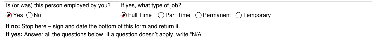 Form H1028 example filled out, is (or was) this person employed by you?